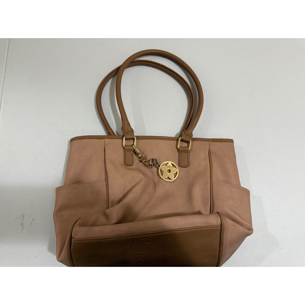 Blush Pink Faux Leather Tote Bag Tan Trim Gold Flower Charm RN 106996